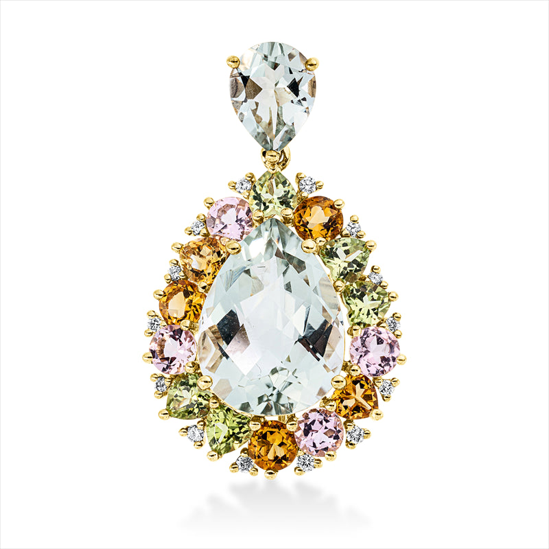 Anhänger 18 kt GG, mit Öse, 14 Brill. 0,19 ct, TW-si, 1 Amethyst 7,70 ct grün, 15 Farbsteine 5,50 ct multicolor