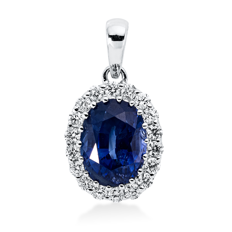 Anhänger 18 kt WG, mit Öse, 18 Brill. 0,22 ct, TW-si, 1 Saphir 2,17 ct blau