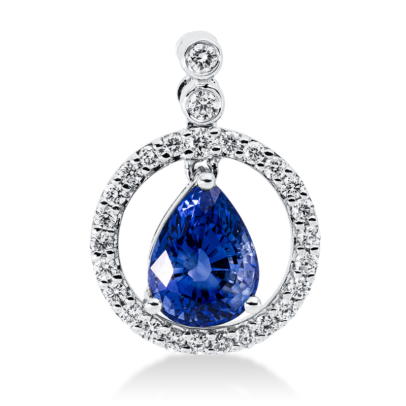 Anhänger 18 kt WG, mit Öse, 27 Brill. 0,24 ct, TW-si, 1 Saphir 1,69 ct blau