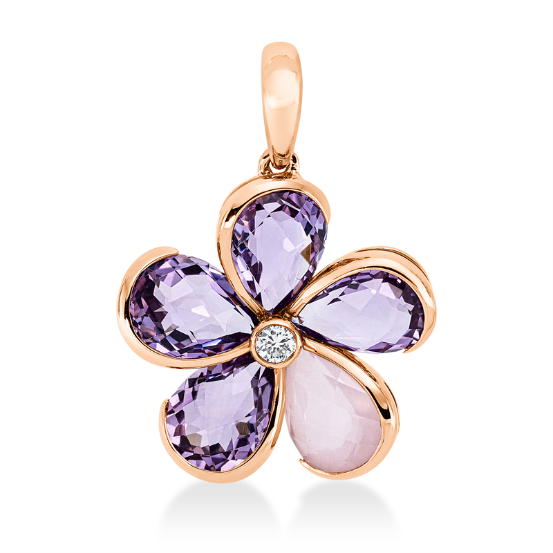 Anhänger 18 kt RG, mit Öse, 1 Brill. 0,06 ct, TW-si, 4 Amethyste 4,30 ct lila, 1 Quarz 1,10 ct rosa