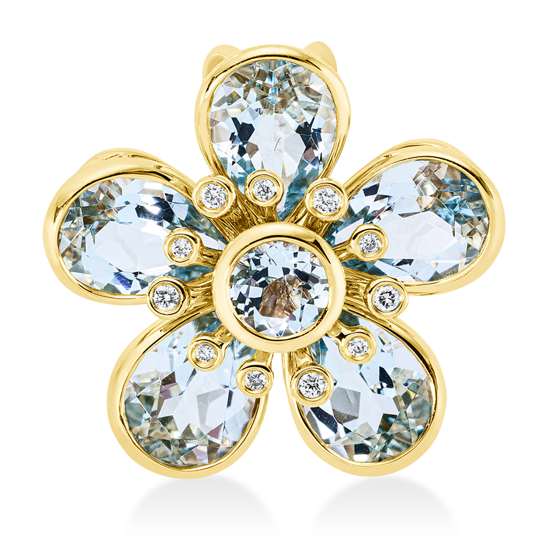 Anhänger 18 kt GG, 11 Brill. 0,05 ct, TW-si, 5 Topase 4,20 ct sky blue, 1 Topas 0,30 ct sky blue