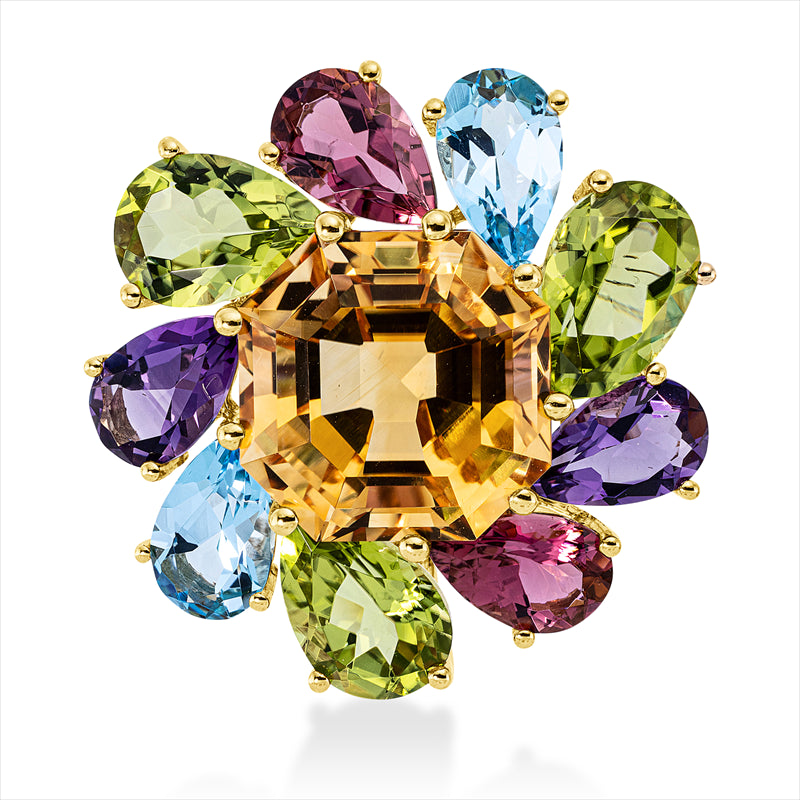 Anhänger 18 kt GG, 3 Peridot 4,60 ct grün, 1 Citrin 7,90 ct gelb, 6 Farbsteine 5,10 ct multicolor