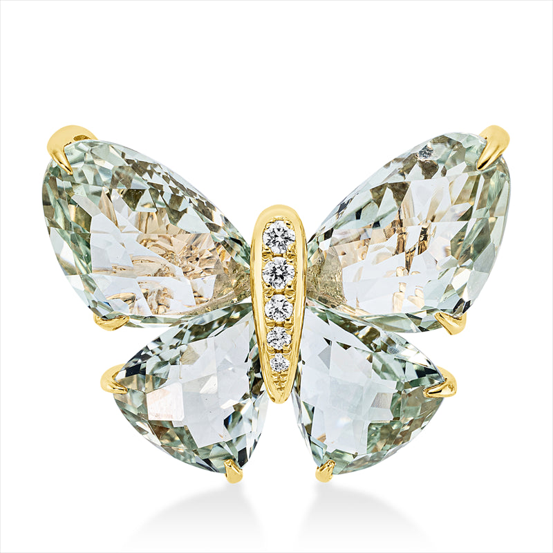 Brosche 18 kt GG, 5 Brill. 0,07 ct, TW-si, 2 Amethyste 7,40 ct grün, 2 Amethyste 4,20 ct grün