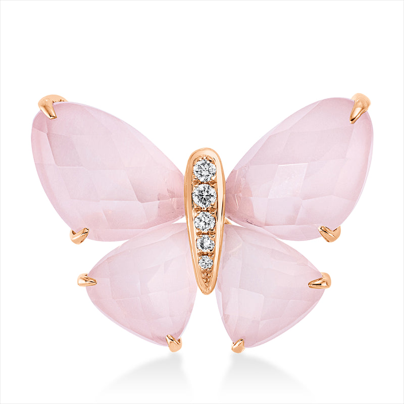 Brosche 18 kt RG, 5 Brill. 0,07 ct, TW-si, 2 Quarz 8,00 ct rosa, 2 Quarz 4,50 ct rosa