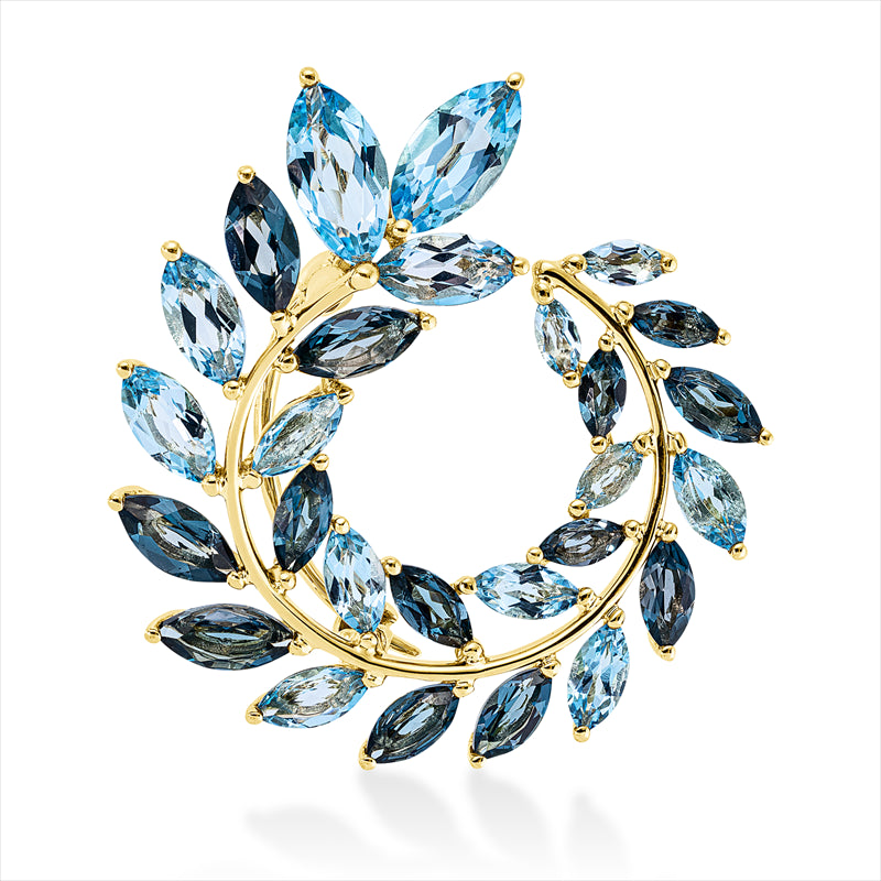 Brosche 18 kt GG, 14 Topase 3,40 ct blau, 13 Topase 2,30 ct Lond. blue