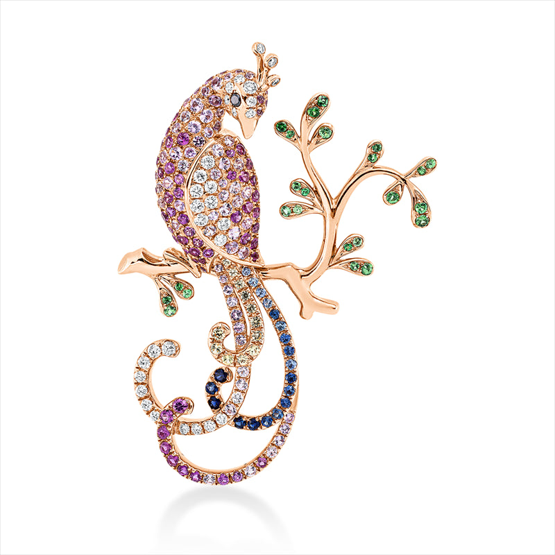 Brosche 18 kt RG, 31 Brill. 0,43 ct, TW-vsi, 1 Brill. 0,02 ct, schwarz, 180 Saphire 2,92 ct multicolor