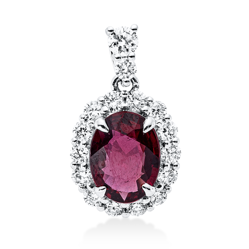 Anhänger 18 kt WG, mit Öse, 1 Brill. 0,06 ct, TW-si, 15 Brill. 0,29 ct, TW-si, 1 Rubin 0,98 ct rot
