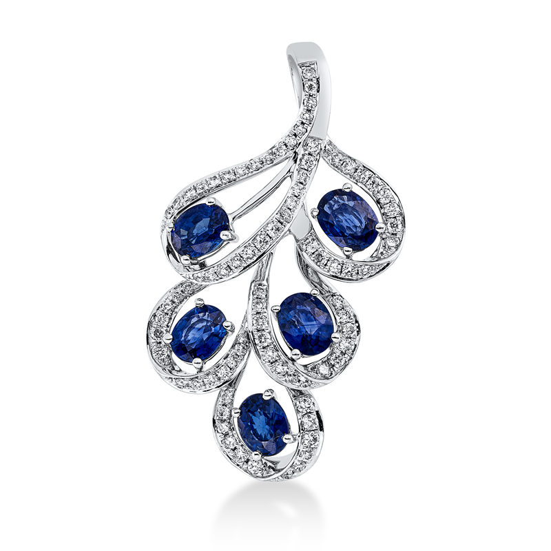 Anhänger 18 kt WG, 80 Brill. 0,34 ct, TW-vsi/si, 5 Saphire 1,54 ct blau