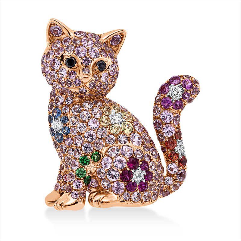 Brosche 18 kt,6 Brill.0,09ct,TW-vsi,2 Brill.0,03ct, schwarz,6 Rubine 0,13ct rot,191 Saph 3,10ct multicolor