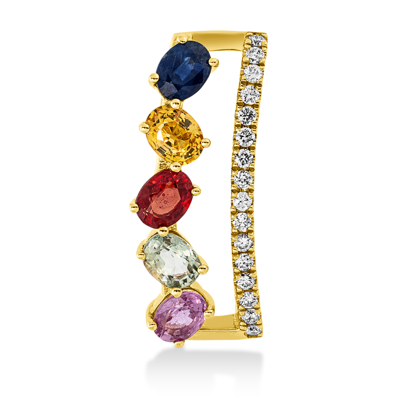 Anhänger 18 kt GG, 16 Brill. 0,12 ct, TW-si, 5 Saphire 1,29 ct multicolor