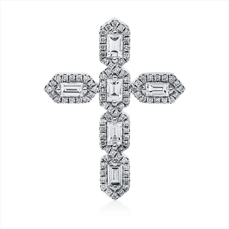 Anhänger 18 kt WG, 6 Bag. 0,62 ct, TW-si, 88 Brill. 0,32 ct, TW-si