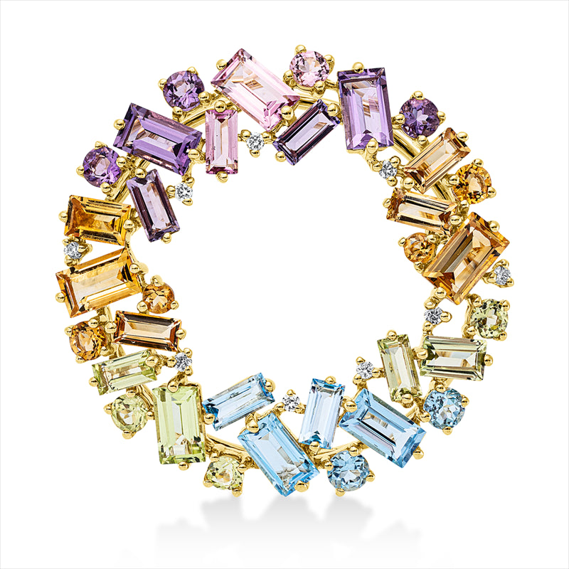 Brosche 18 kt GG, 9 Brill. 0,08 ct, TW-si, 33 Farbsteine 5,10 ct, multicolor