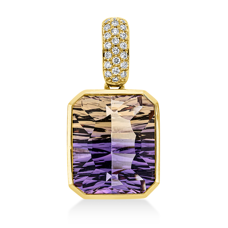 Anhänger 18 kt GG, mit Öse, 22 Brill. 0,10 ct, TW-si, 1 Ametrin 6,30 ct gelb-lila