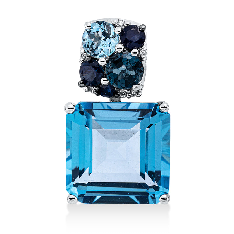 Anhänger 18 kt WG, mit Öse, 6 Brill. 0,03 ct, TW-si, 3 Topas 9,00 ct multi.blau, 3 Saphire 0,32 ct blau