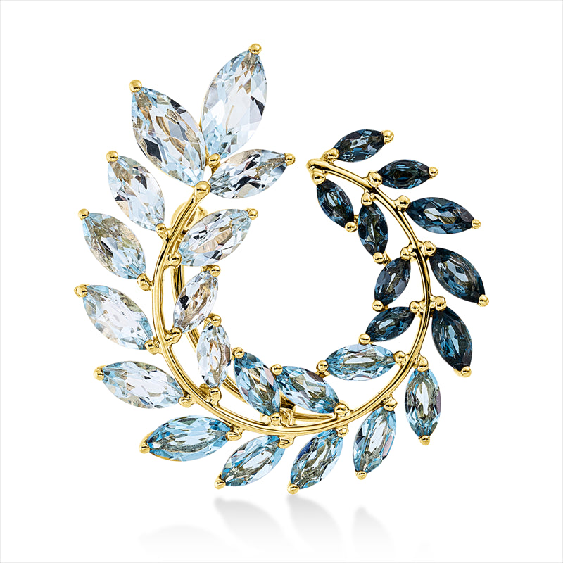 Brosche 18 kt GG, 8 Topase 1,50 ct blau, 10 Topase 3,40 ct sky blue, 9 Topase 1,00 ct Lond. blue