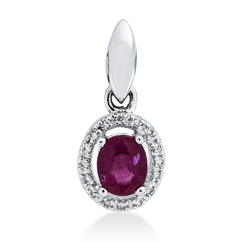 Anhänger 18 kt WG, 16 Brill. 0,04 ct, TW-si, 1 Rubin 0,38 ct rot