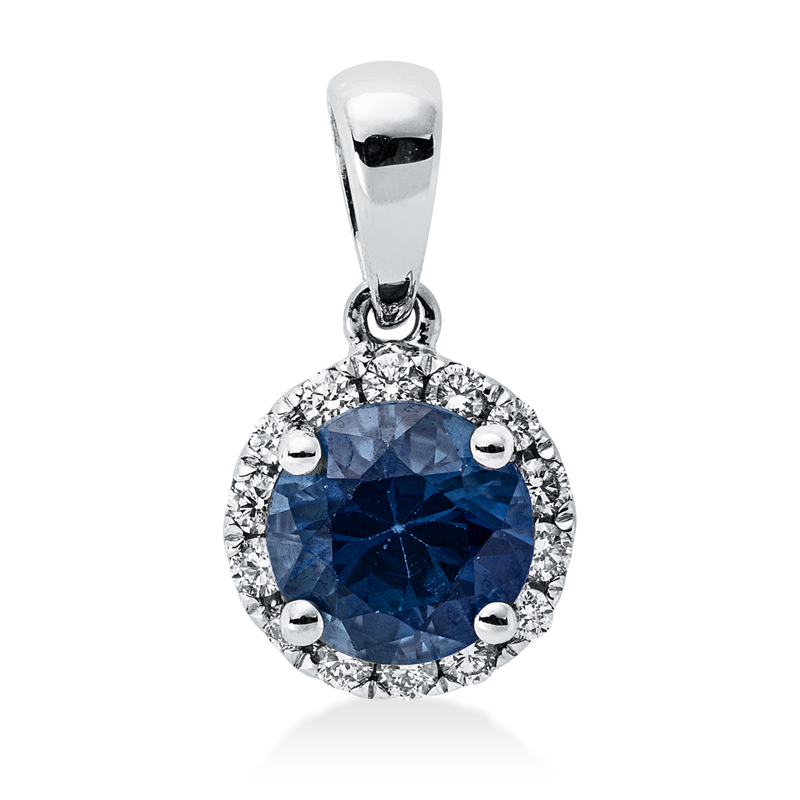 Anhänger 18 kt WG, mit Öse, 14 Brill. 0,12 ct, W-si, 1 Saphir 0,88 ct blau