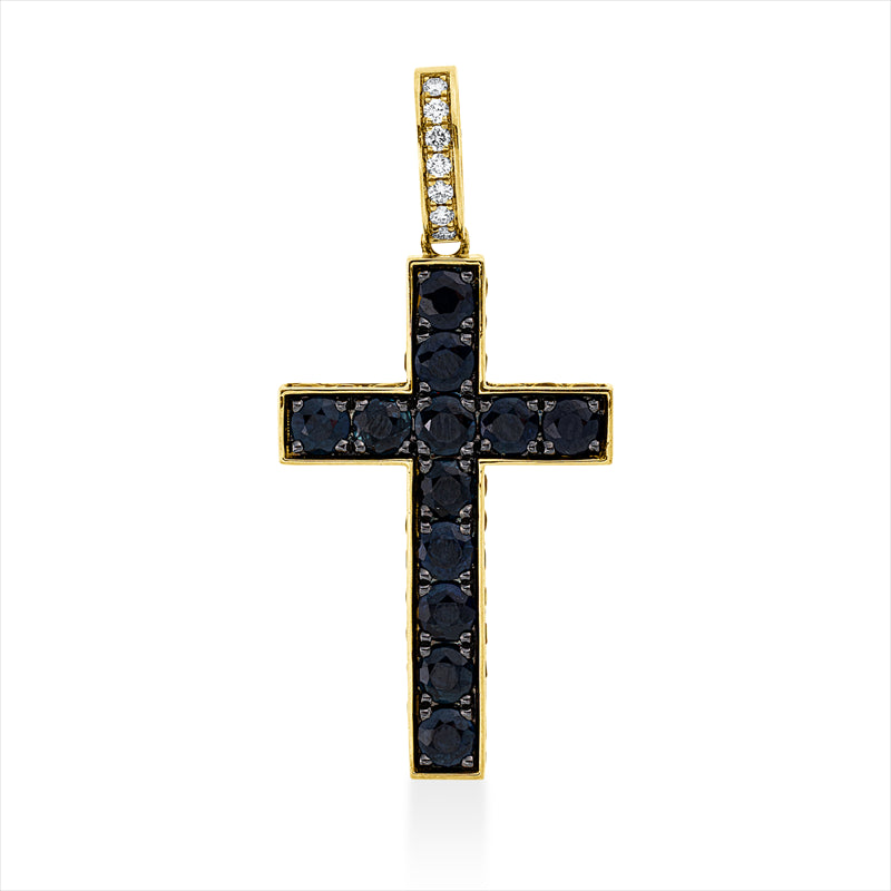 Anhänger 18 kt GG, 7 Brill. 0,08 ct, TW-pi, 1 Brill. 0,01 ct, schwarz, 49 Saphire 4,32 ct blau