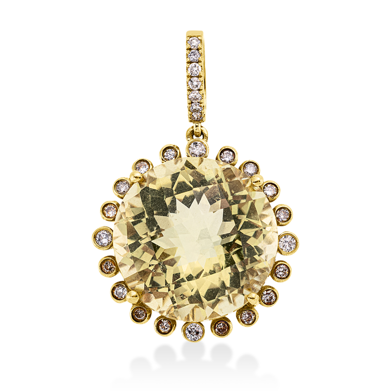 Anhänger 18 kt GG, mit Öse, 27 Brill. 0,34 ct, fancy-pi, 1 Lemonquarz 14,98 ct grün
