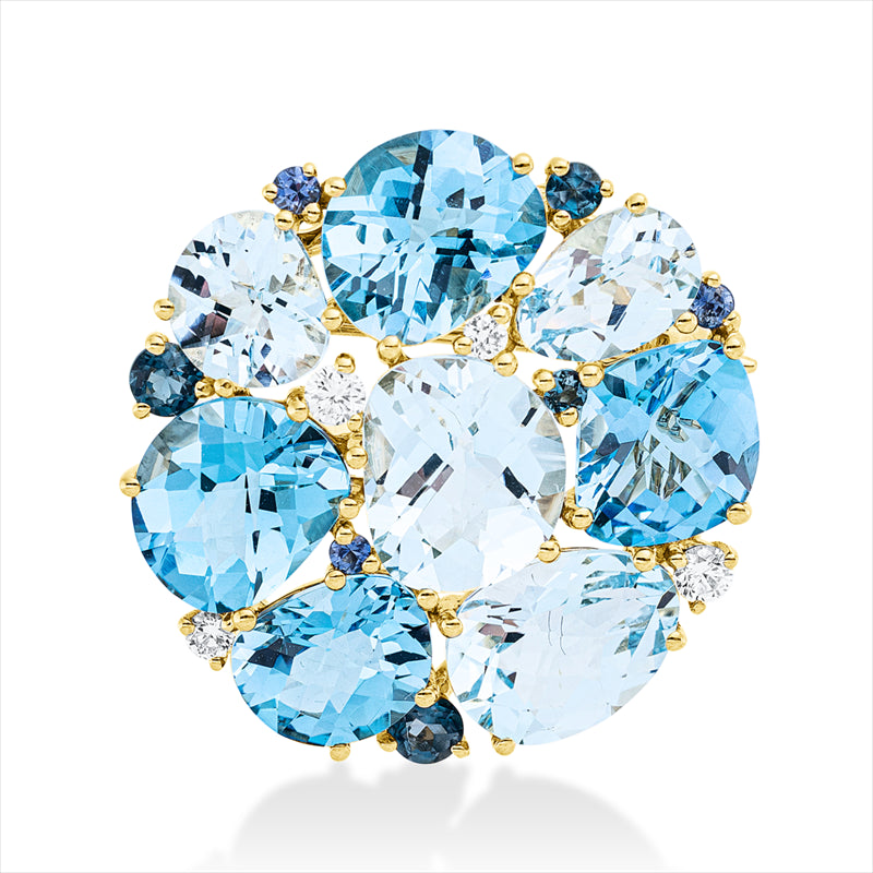 Brosche 18 kt GG, 4 Brill. 0,13 ct, TW-si, 12 Topase 12,50 ct multicolor, 3 Saphire 0,08 ct blau