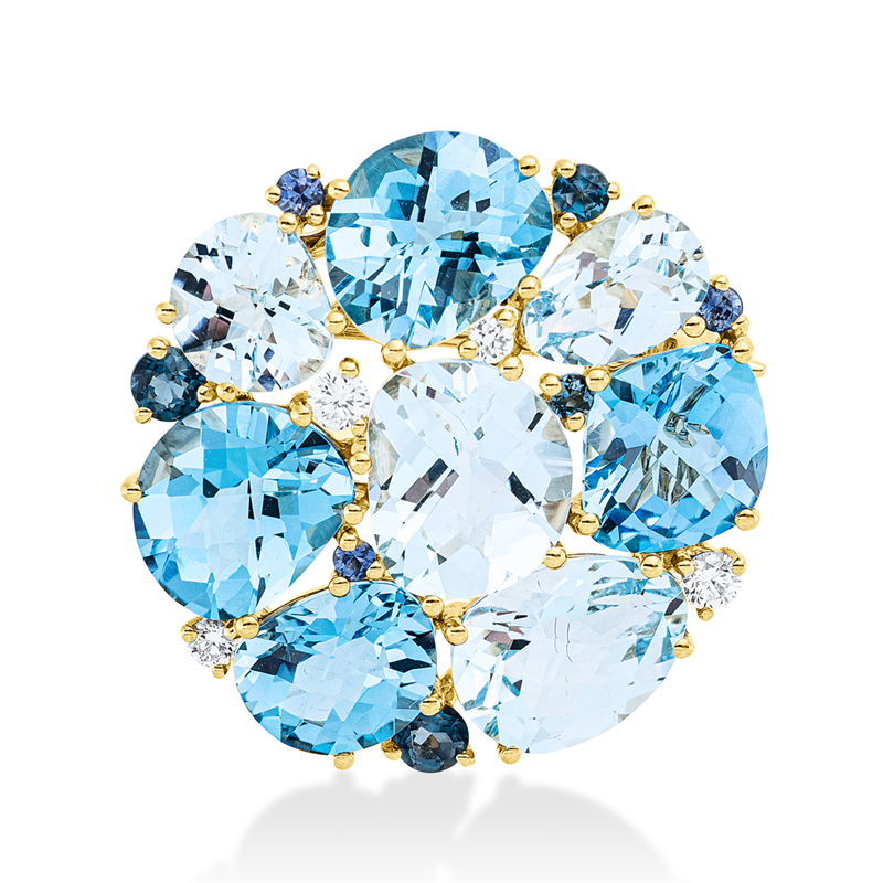 Brosche 18 kt GG, 4 Brill. 0,13 ct, TW-si, 12 Topase 12,50 ct multicolor, 3 Saphire 0,08 ct blau