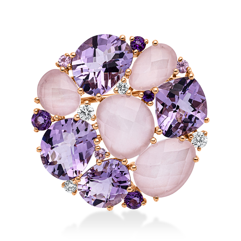 Brosche 18 kt RG, 4 Brill. 0,13 ct, TW-si, 12 Farbsteine 9,80 ct multicolor, 3 Saphire 0,08 ct pink