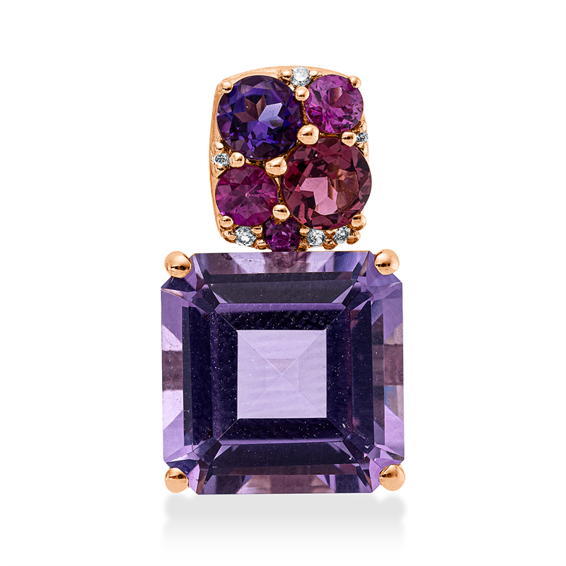 Anhänger 18 kt RG, mit Öse, 6 Brill. 0,03 ct, TW-si, 1 Amethyst 6,70 ct pink, 1 Turmalin 0,30 ct pink, 1 Amethyst 0,20 ct lila, 3 Saphire 0,29 ct pink