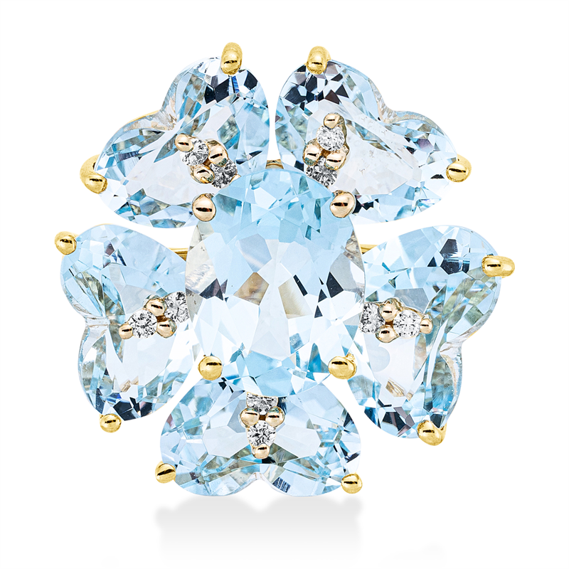 Anhänger 18 kt GG, 10 Brill. 0,09 ct, TW-si, 1 Topas 2,40 ct sky blue, 5 Topase 7,40 ct sky blue