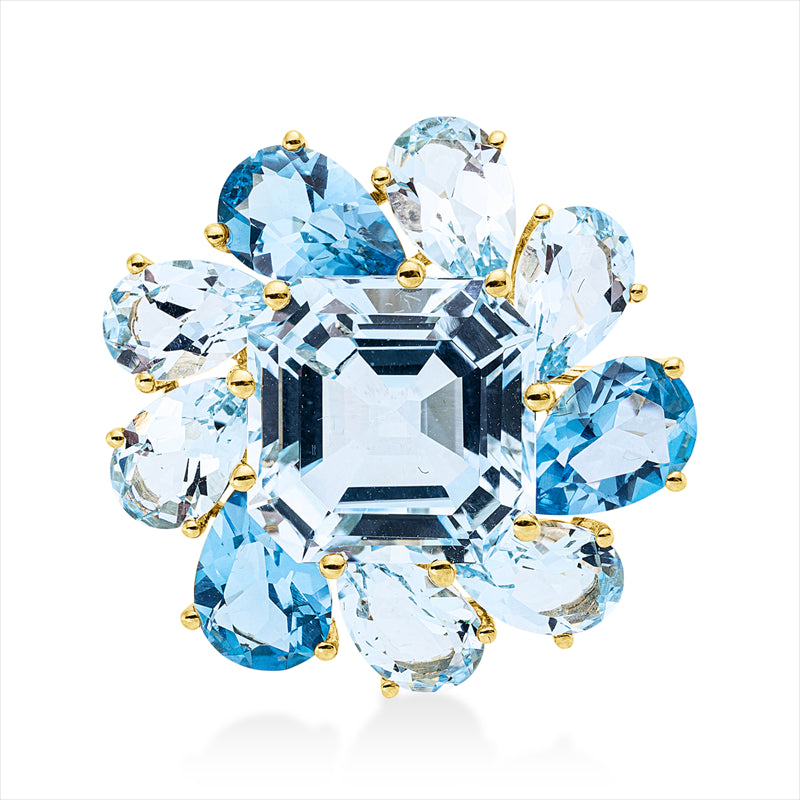 Anhänger 18 kt GG, 1 Topas 11,40 ct sky blue, 9 Topase 9,70 ct sky blue