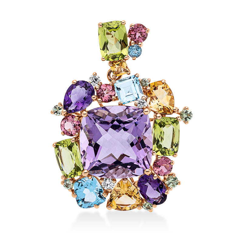 Anhänger 18 kt RG, 3 Brill. 0,12 ct, TW-si, 1 Amethyst 9,40 ct pink, 21 Farbsteine 8,91 ct multicolor