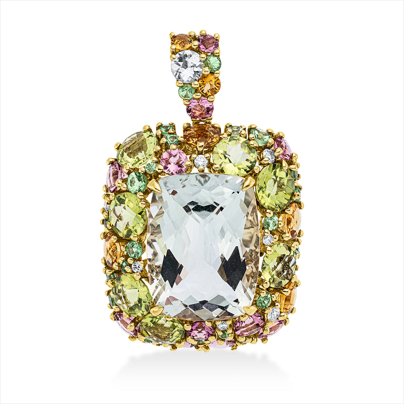 Anhänger 18 kt GG, 8 Brill. 0,13 ct, TW-si, 1 Amethyst 10,70 ct grün, 49 Farbsteine 7,42 ct multicolor