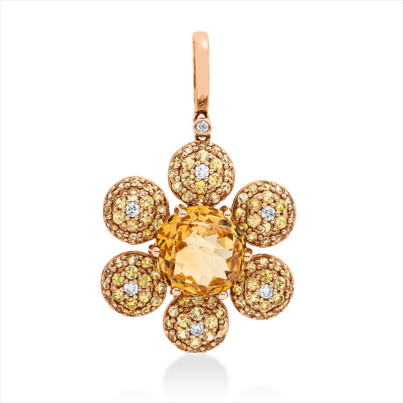 Anhänger 18 kt RG, mit Öse, 7 Brill. 0,20 ct, W-pi, 1 Citrin 8,63 ct gelb, 108 Saphire 2,83 ct gelb