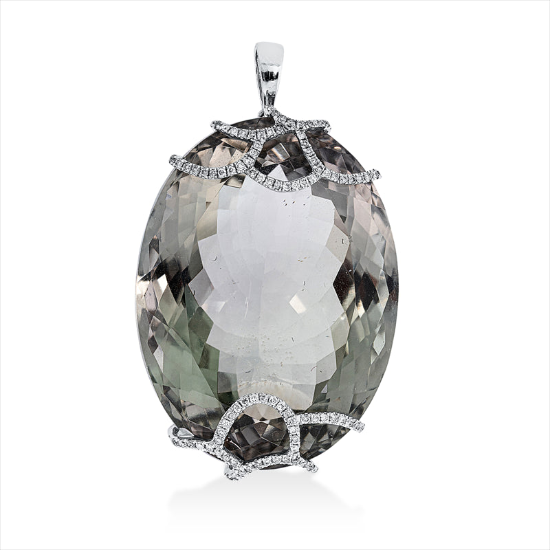 Anhänger 18 kt WG, mit Öse, 104 Brill. 0,31 ct, TW-pi, 1 Farbsteine 93,68 ct grün