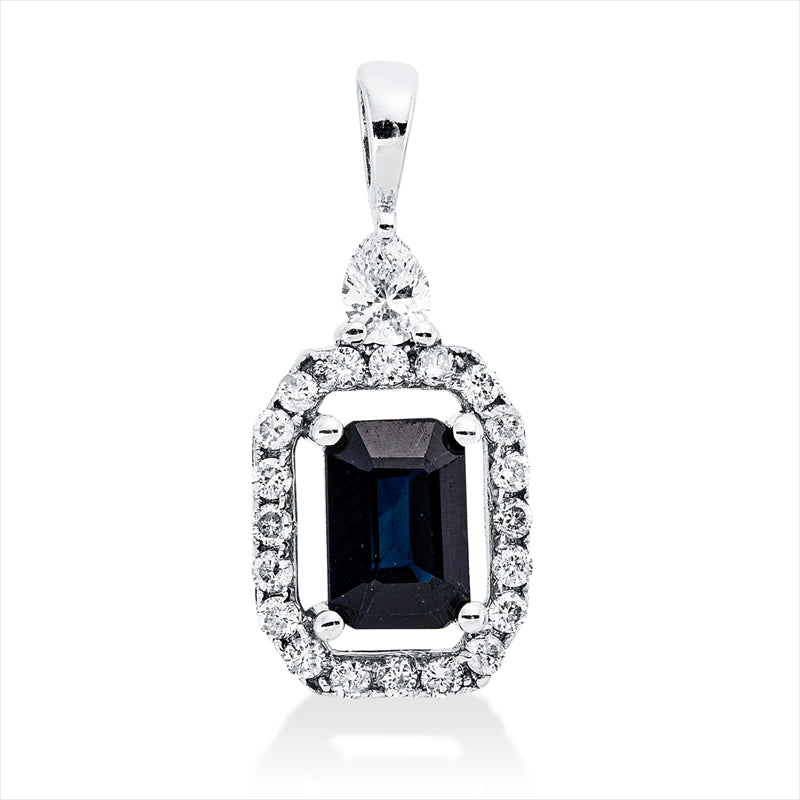 Anhänger 18 kt WG, mit Öse, 1 Tropfen 0,09 ct, TW-si, 20 Brill. 0,15 ct, TW-pi, 1 Saphir 0,72 ct blau