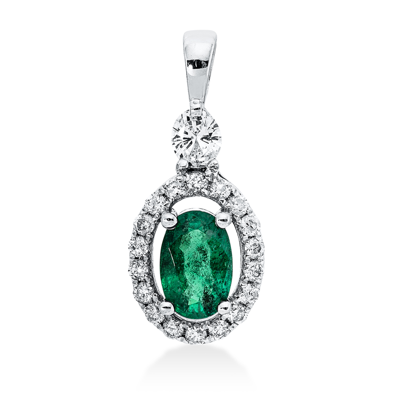 Anhänger 18 kt WG, mit Öse, 31 Brill. 0,12 ct, F-si, 1 Smaragd 0,70 ct grün