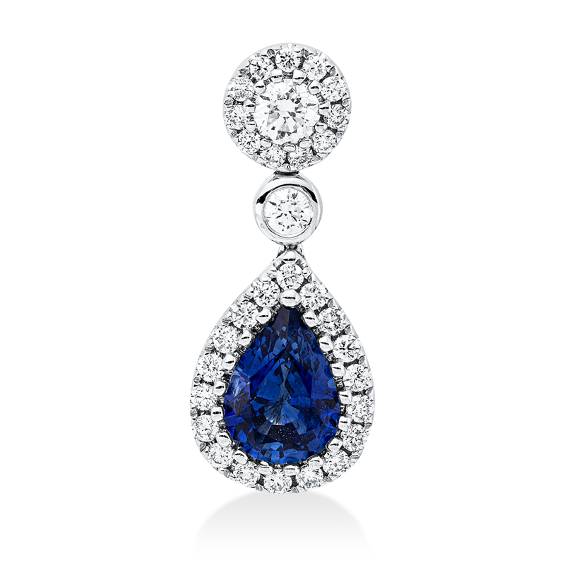 Anhänger 18 kt WG, 1 Saphir 0,78 ct blau, 1 Brill. 0,10 ct, TW-si, 30 Brill. 0,21 ct, TW-si