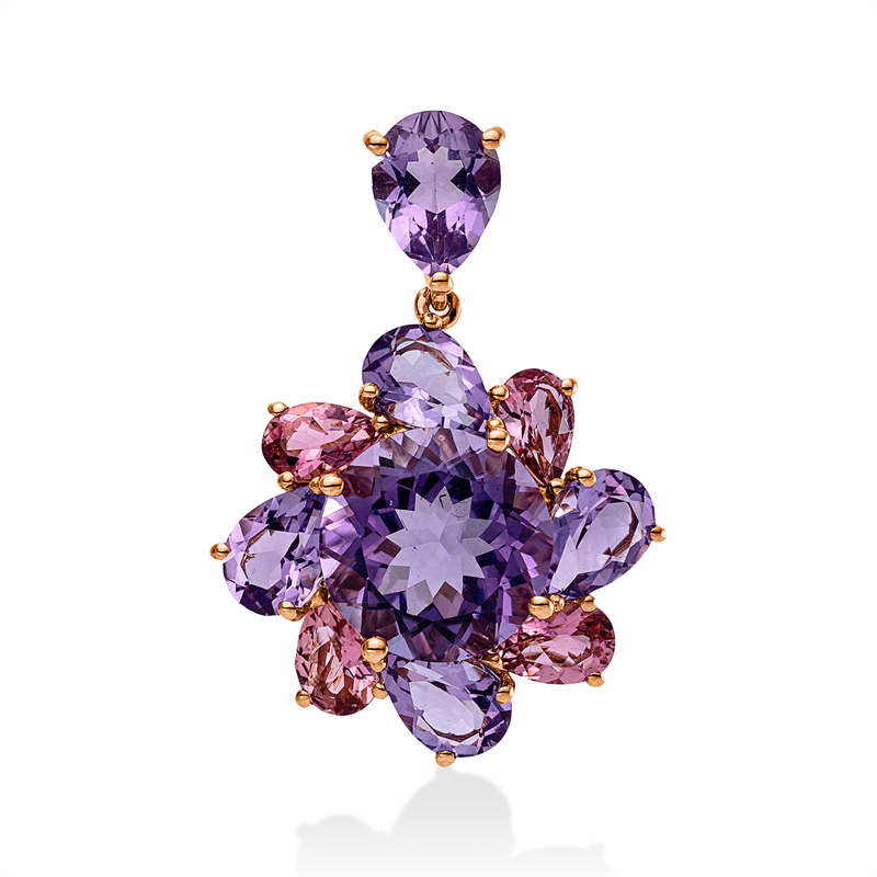 Anhänger 18 kt RG,5 Amethyste 3,60 ct pink, 1 Amethyst 4,90 ct pink, 4 Turmalin 1,60 ct pink