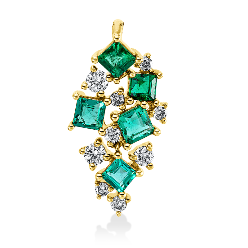 Anhänger 14 kt GG, 9 Brill. 0,19 ct, W-pi, 1 Smaragd 0,18 ct grün, 4 Smaragde 0,49 ct grün