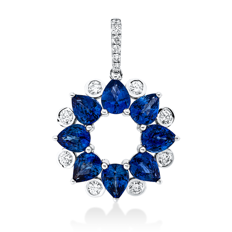 Anhänger 18 kt WG, 14 Brill. 0,22 ct, TW-si, 8 Saphire 2,19 ct blau