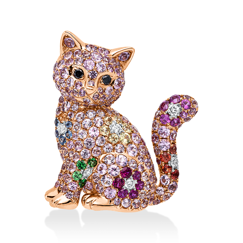 Brosche 18 kt RG+WG, 6 Brill. 0,09 ct, TW-vsi, 2 Brill. 0,03 ct, schwarz, 197 Saphire 3,25 ct multicolor