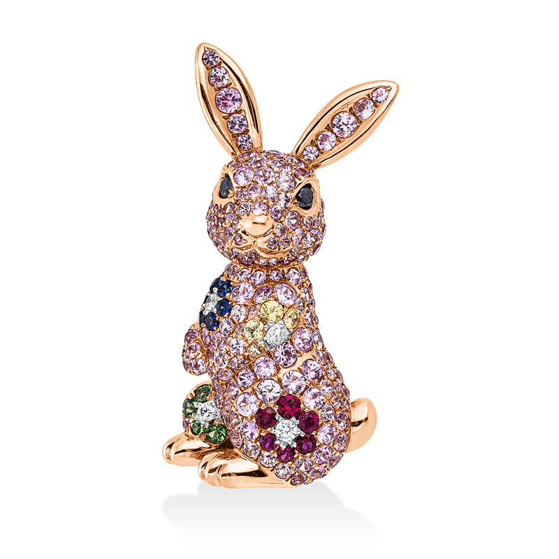 Brosche 18 kt RG+WG, 4 Brill. 0,08 ct, TW-vsi, 2 Brill. 0,07 ct, schwarz, 163 Saphire 3,02 ct multicolor