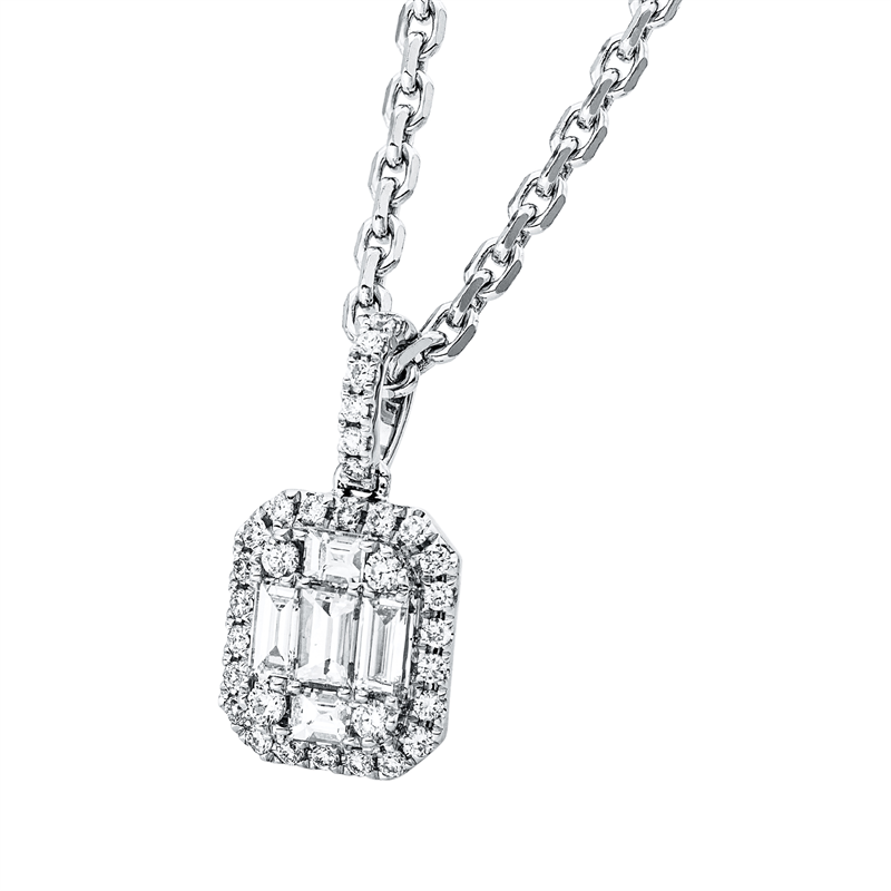 Anhänger 18 kt WG, mit Öse, 5 Bag. 0,27 ct, TW-si, 32 Brill. 0,15 ct, TW-si