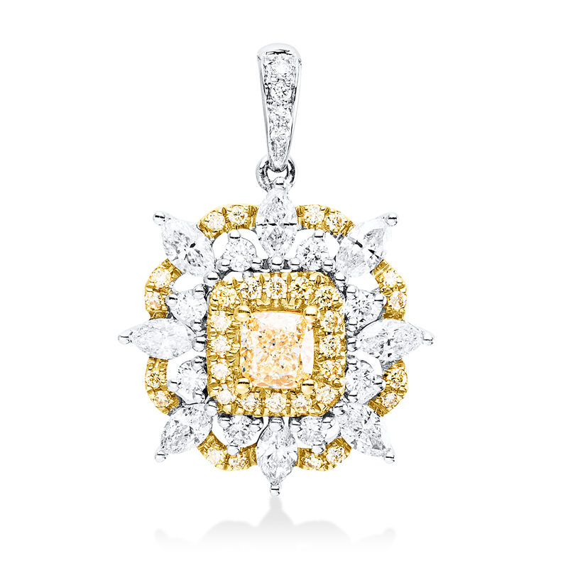 Anhänger 18 kt, 8 Nav. 0,48 ct, 121 Brill. 0,15 ct, TW-si, 1 Cushion 0,34 ct, gelb, 32 Brill. 0,14 ct, gelb