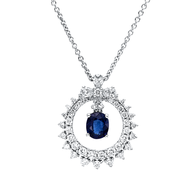Anhänger 18 kt WG, 4 Tropfen 0,22 ct, F-vsi, 42 Brill. 0,53 ct, TW-si, 1 Saphir 0,65 ct blau