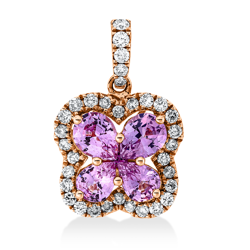 Anhänger 18 kt RG, mit Öse, 33 Brill. 0,23 ct, TW-si, 1 Saphir 0,01 ct pink, 4 Saphire 0,84 ct pink