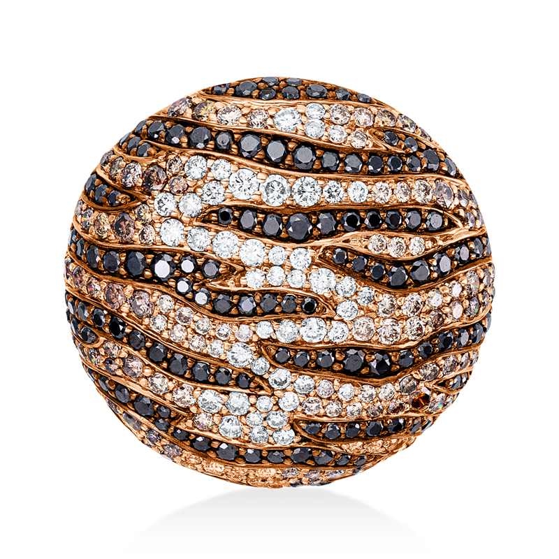 Brosche 18 kt RG,49 Brill. 0,75 ct, W-si, 128 Brill. 1,76 ct, schwarz, 117 Brill. 1,78 ct, braun