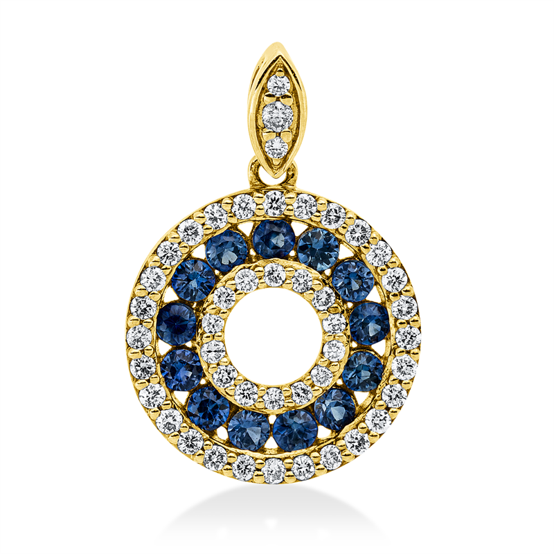 Anhänger 18 kt GG, 1 Brill. 0,01 ct, TW-pi, 44 Brill. 0,19 ct, TW-pi, 13 Saphire 0,35 ct blau