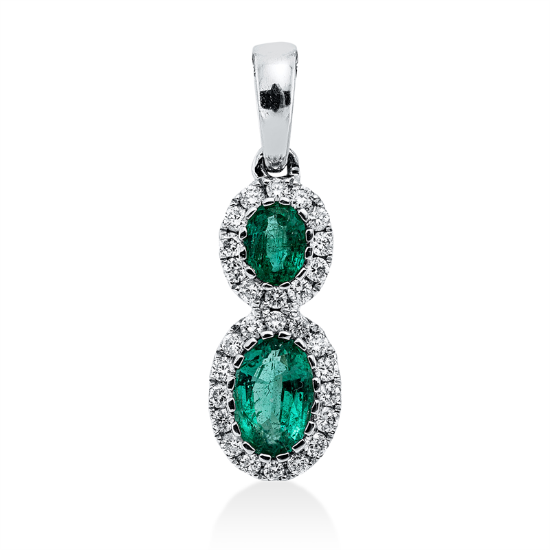Anhänger 18 kt WG, mit Öse, 28 Brill. 0,19 ct, TW-pi, 2 Smaragde 0,58 ct grün