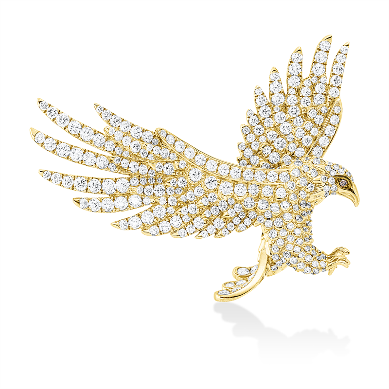 Brosche 18 kt GG, Fassung teils schwarz rhodinie, 335 Brill. 8,15 ct, TW-vsi, 2 Brill. 0,04 ct, fancy