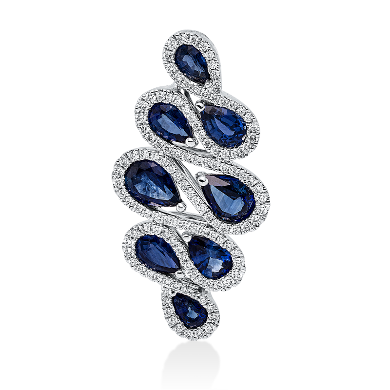 Anhänger 18 kt WG, 121 Brill. 0,53 ct, TW-si, 8 Saphire 4,04 ct blau